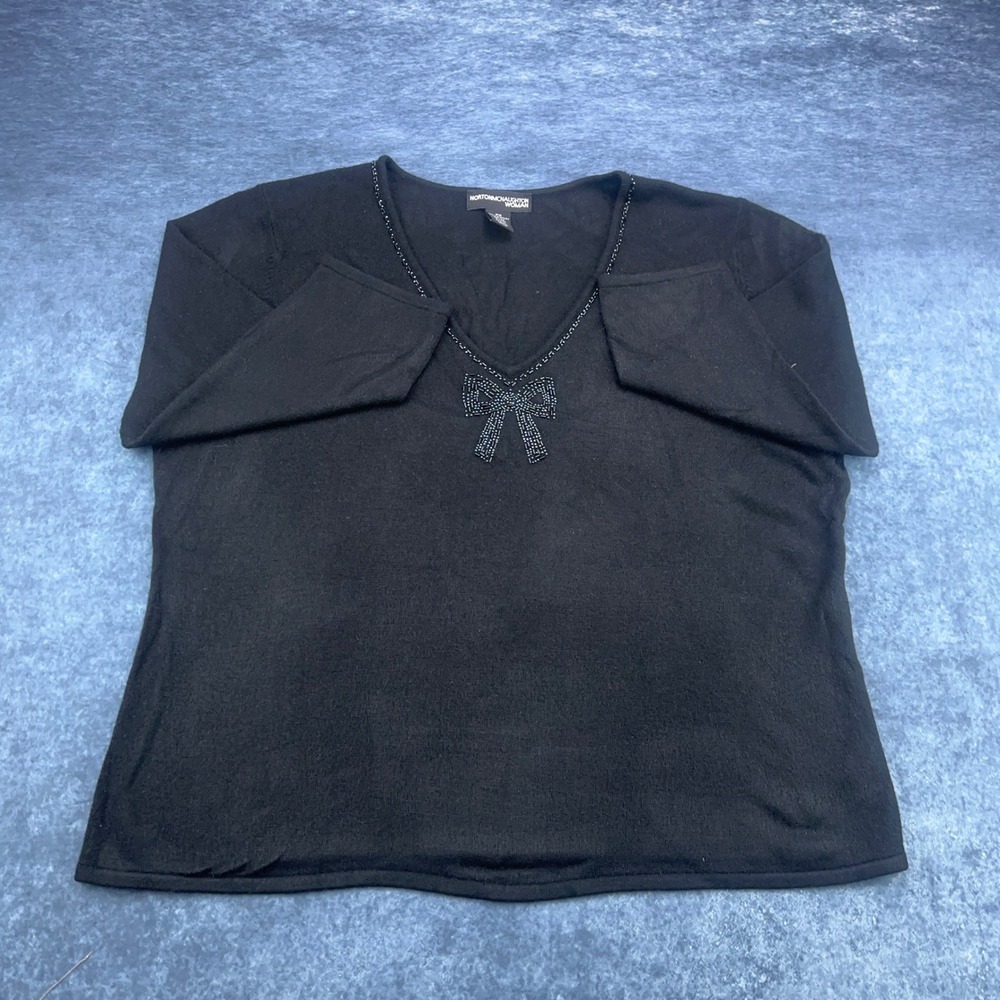 Norton McNaughton Woman Black Beaded Bow V-Neck Knit‎ Sweater Plus Size 2X